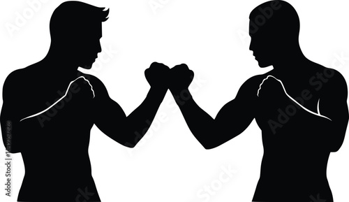 Silhouette of two individuals engaged in a combat stance, both raising their fists in preparation for a fight, isolated vector illustration 
