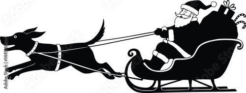 Silhouette of Santa Claus riding in a sleigh pulled by a dog, holding the reins with a sack of gifts behind him, isolated vector illustration 