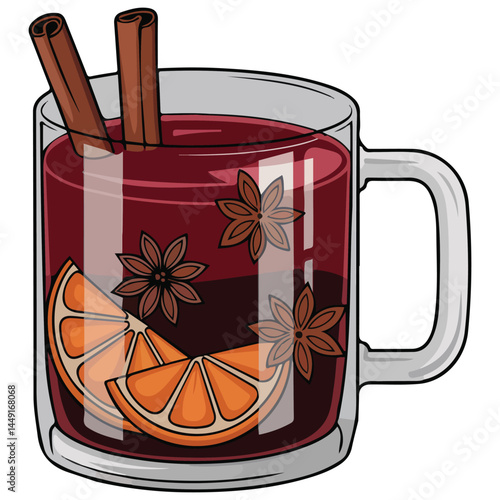 Glass cup of warm mulled wine isolated vector illustration on white background