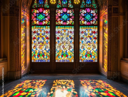 Colorful stained glass window illuminated by sunlight inside a historic building during the late afternoon - ai