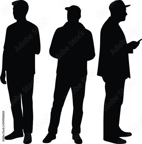 Black and white silhouette of three individuals in different standing postures, one with arms relaxed, another with hands in pockets, and the third holding a phone