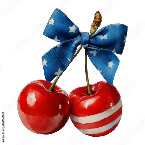 Patriotic cherries with American flag stripes and star-spangled bow, watercolour illustration, isolated with transparent background
