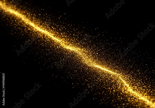 A golden sparkling stream flowing diagonally across a dark background with bokeh effect and light trail
