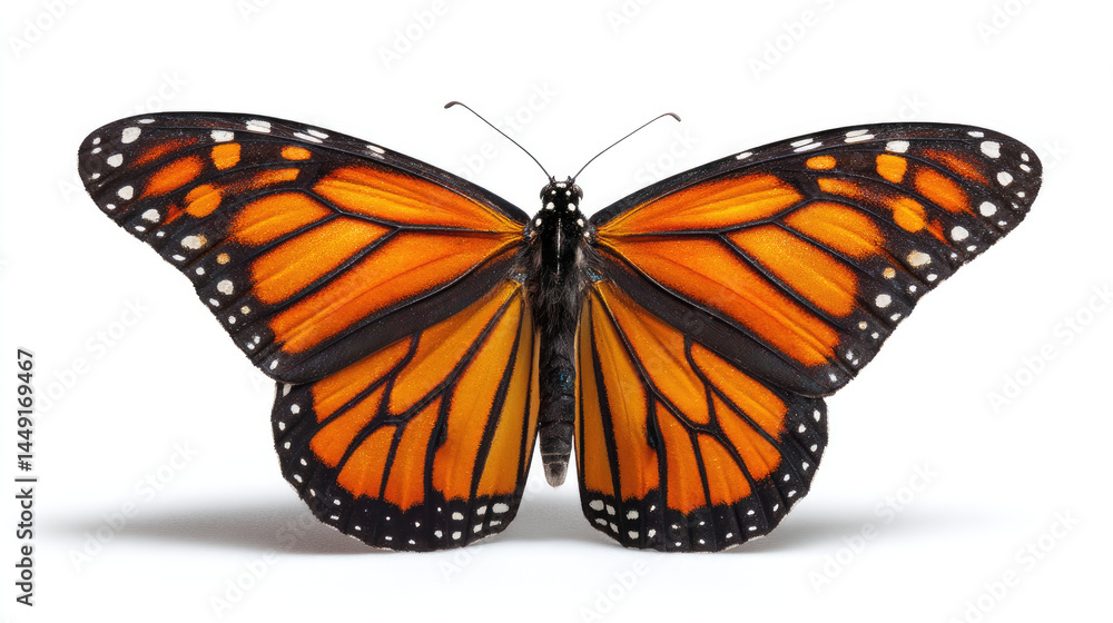 Fototapeta premium Monarch butterfly, vibrant orange wings, black markings, detailed close-up, isolated on white background