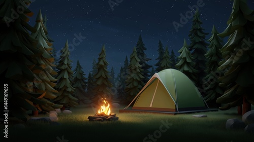 Wallpaper Mural cozy campsite with green tent, bonfire, pine trees, starry night sky, warm lighting from campfire, stylized semi-realistic textures. Torontodigital.ca