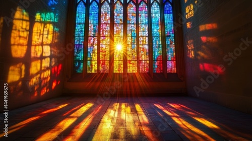 Colorful stained glass window illuminated by sunlight inside a historic building during the late afternoon - ai