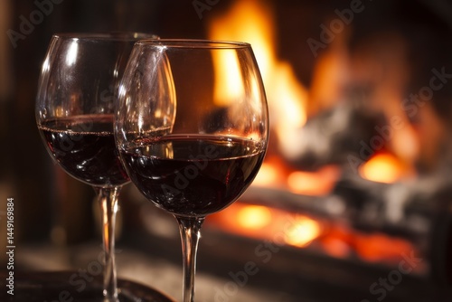 Two Red Wine Glasses Relaxing by a Warm Fireplace Scene