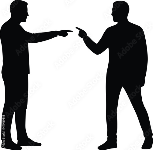Silhouette of two individuals standing and pointing at each other with their index fingers, suggesting confrontation, discussion, or intense interaction