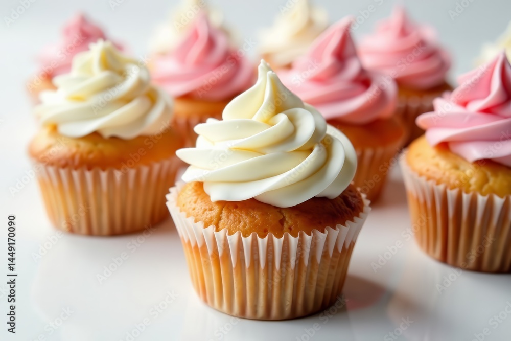 Close-up of mouthwatering cupcakes with swirls of cream on white table, food, frosting Close-up of mouthwatering cupcakes with swirls of cream on white table, food, frosting