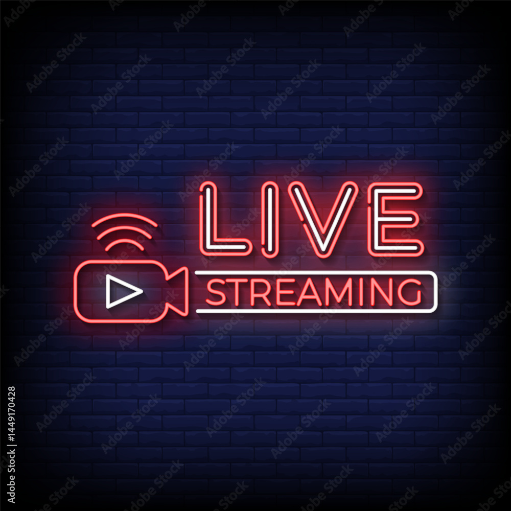 Obraz premium live streaming neon sign with brick wall background vector