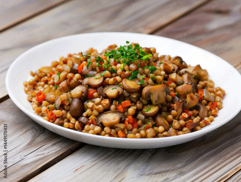 Hearty mix of grains, mushrooms, and vegetables Hearty mix of grains, mushrooms, and vegetables