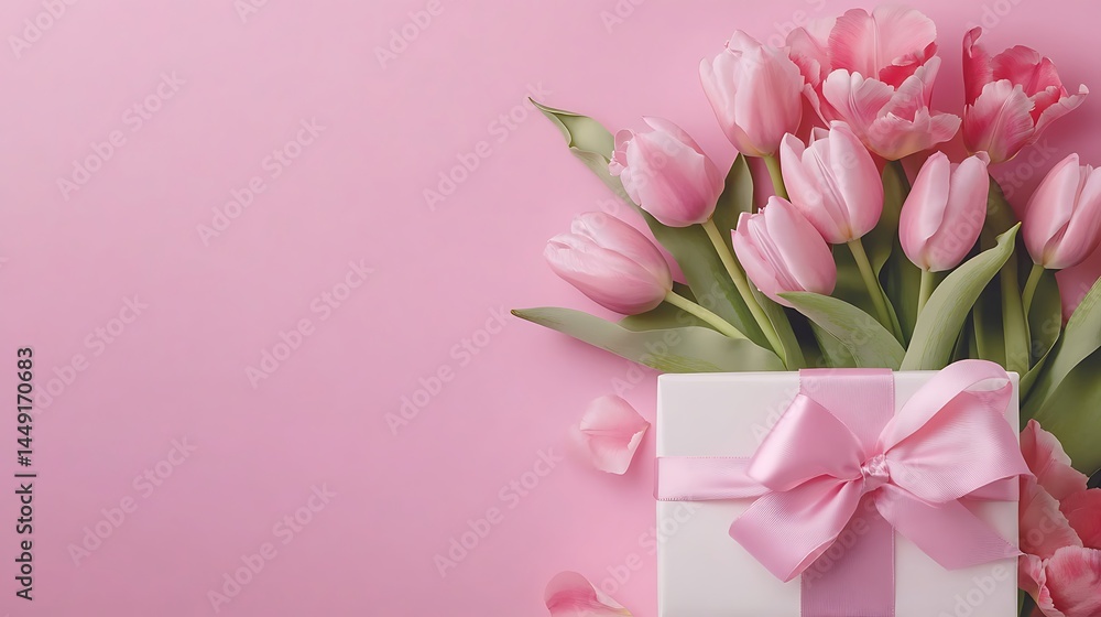 Obraz premium Giftbox with ribbon bow and pink tulips. Pastel pink isolated background and copyspace
