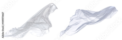 Floating translucent white bridal veil with soft folds and delicate motion, ethereal fabric element on transparent background for wedding design or romantic decorative use