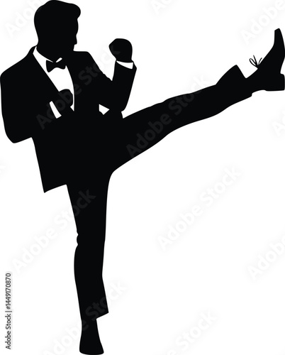 Silhouette of a formally dressed individual in a bow tie performing a dynamic high kick, combining elegance with martial arts action