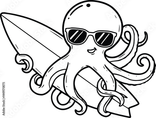 Black and white silhouette of a cheerful octopus wearing sunglasses and holding a surfboard diagonally, conveying a fun and adventurous beach theme