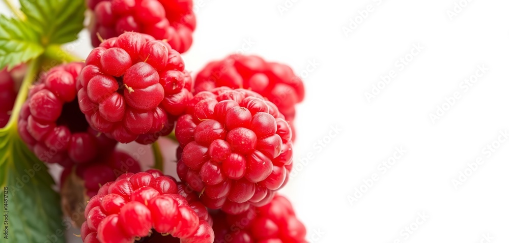 Close-up of several ripe raspberries, vibrant red, isolated on white, single, fresh Close-up of several ripe raspberries, vibrant red, isolated on white, single, fresh