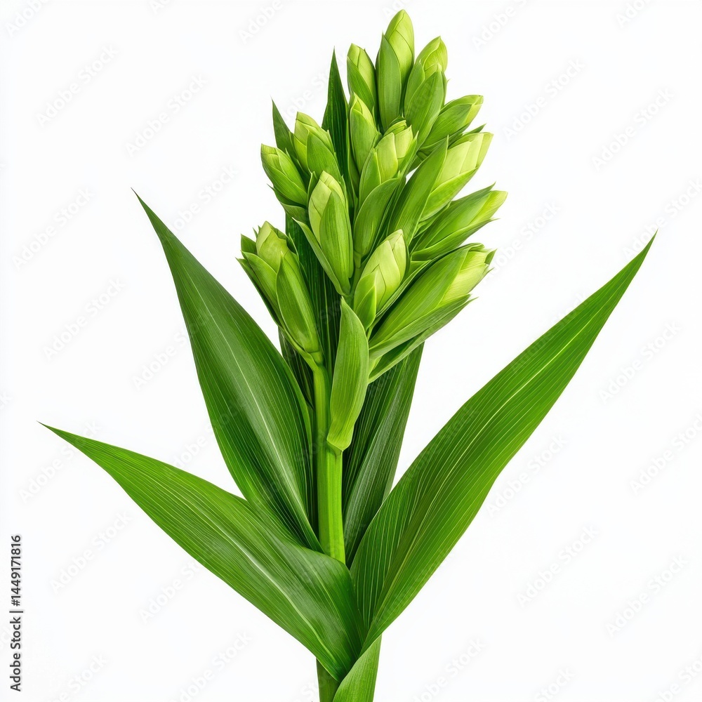 Obraz premium A vibrant cluster of unopened green flower buds on a long stem with elegant, pointed leaves is isolated against a stark white background.