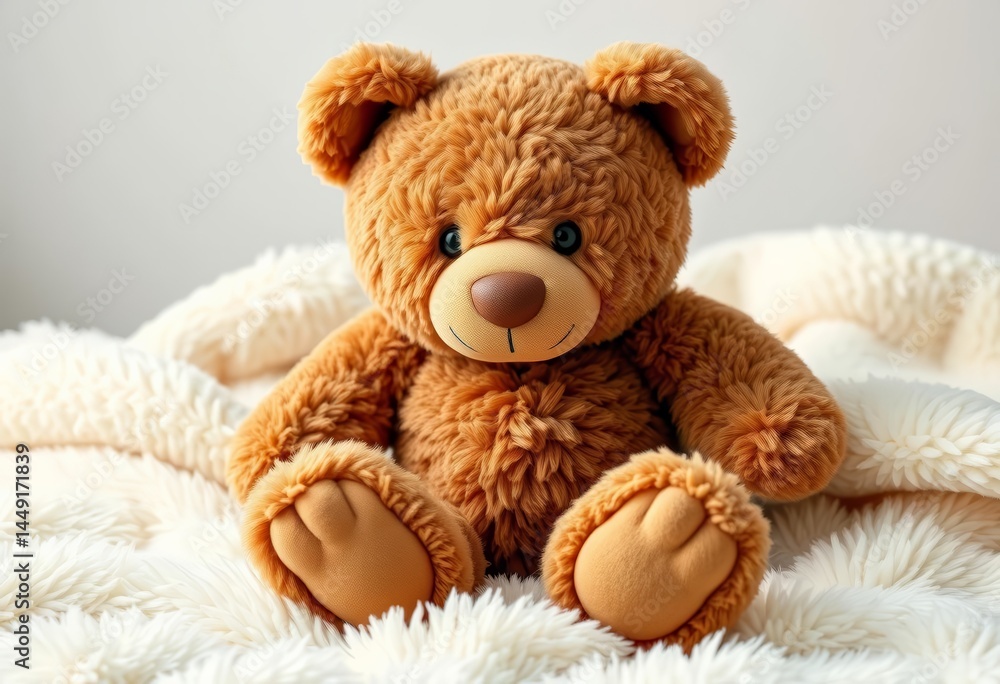 Soft brown teddy bear with stitched nose and paws, sitting on a fluffy white blanket, soft, teddy bear Soft brown teddy bear with stitched nose and paws, sitting on a fluffy white blanket, soft, teddy bear