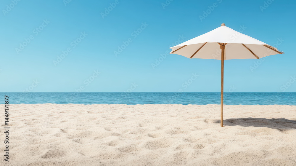 Serene beach scene featuring white umbrella on soft sand with calm ocean in background Serene beach scene featuring white umbrella on soft sand with calm ocean in background
