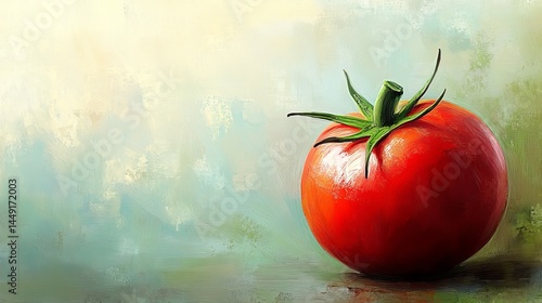 Vibrant Still Life Painting of a Juicy Tomato Resting on a Rustic Wooden Table Evoking Natural Beauty