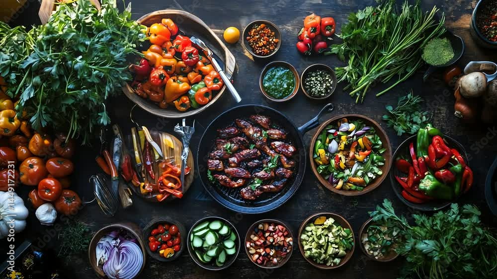 Diverse food ingredients arranged on a table. Diverse food ingredients arranged on a table.