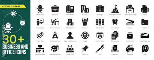 Business and Office Stroke icon collections. Containing Briefcase, Printer, team, Target, Pen, Documents, Computer Desk, businessman, and Presentation icons. Editable Stroke icon collection Outline ic