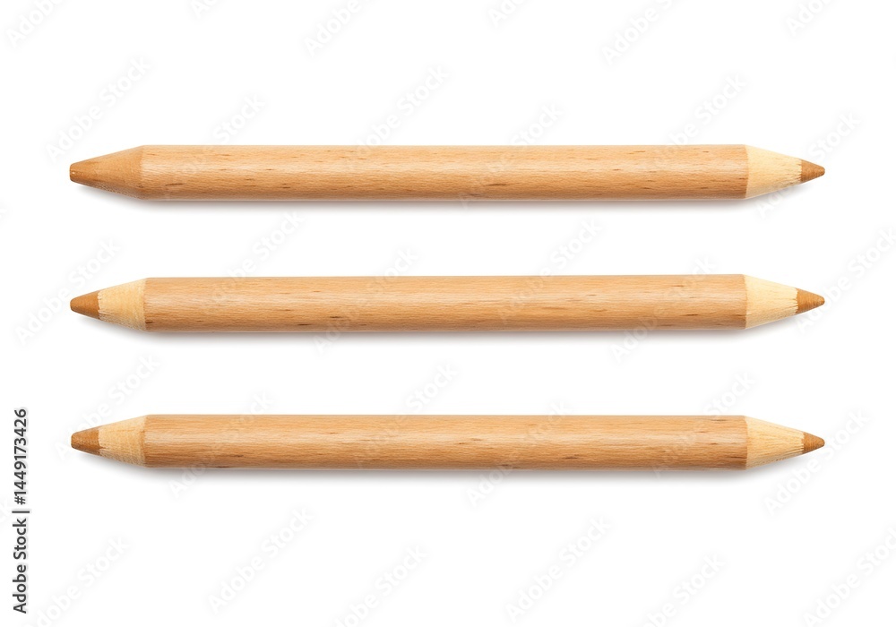 Obraz premium Three unsharpened double ended wood colored pencils arranged horizontally on a white background studio shot