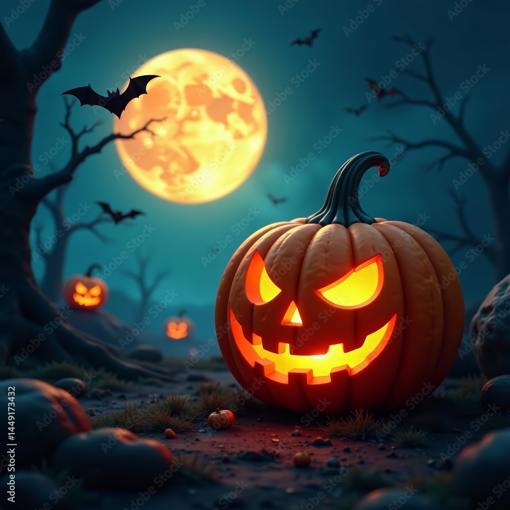 Spooky jack o lantern surrounded by bats and cobwebs in the moonlight, moonlight, scary Spooky jack o lantern surrounded by bats and cobwebs in the moonlight, moonlight, scary