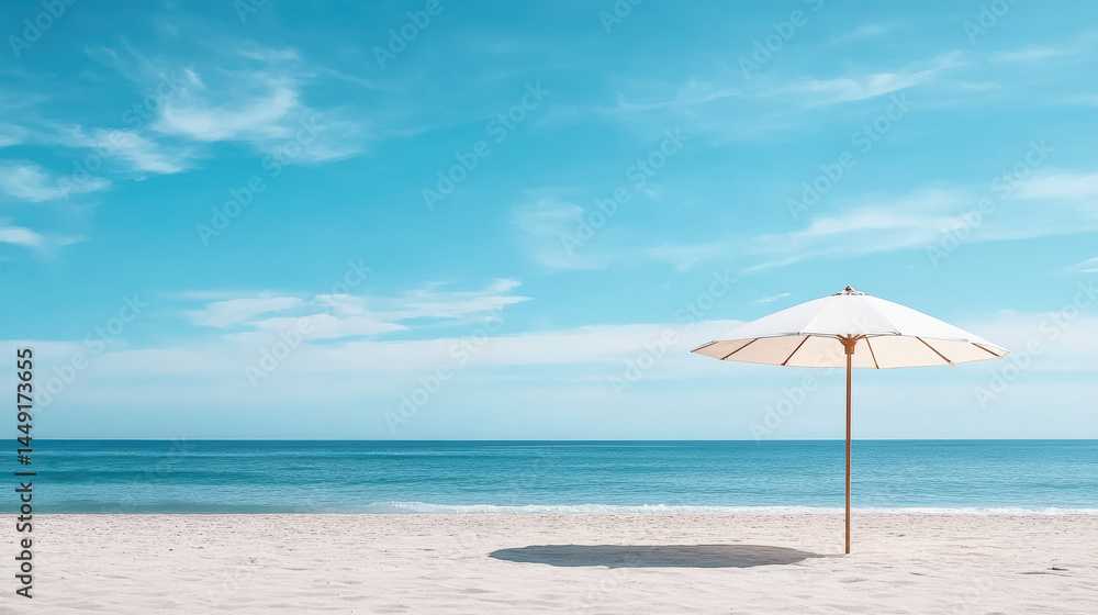 Serene beach scene featuring white umbrella soft sand, with vibrant blue sky and calm ocean Serene beach scene featuring white umbrella soft sand, with vibrant blue sky and calm ocean