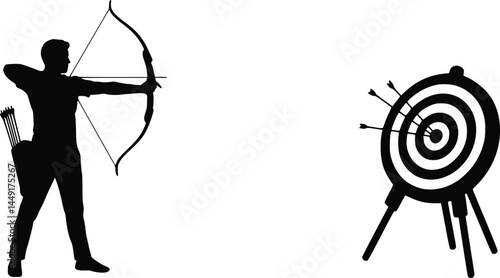 Silhouette of an archer skillfully aiming a bow at a target with multiple embedded arrows, emphasizing precision and focus