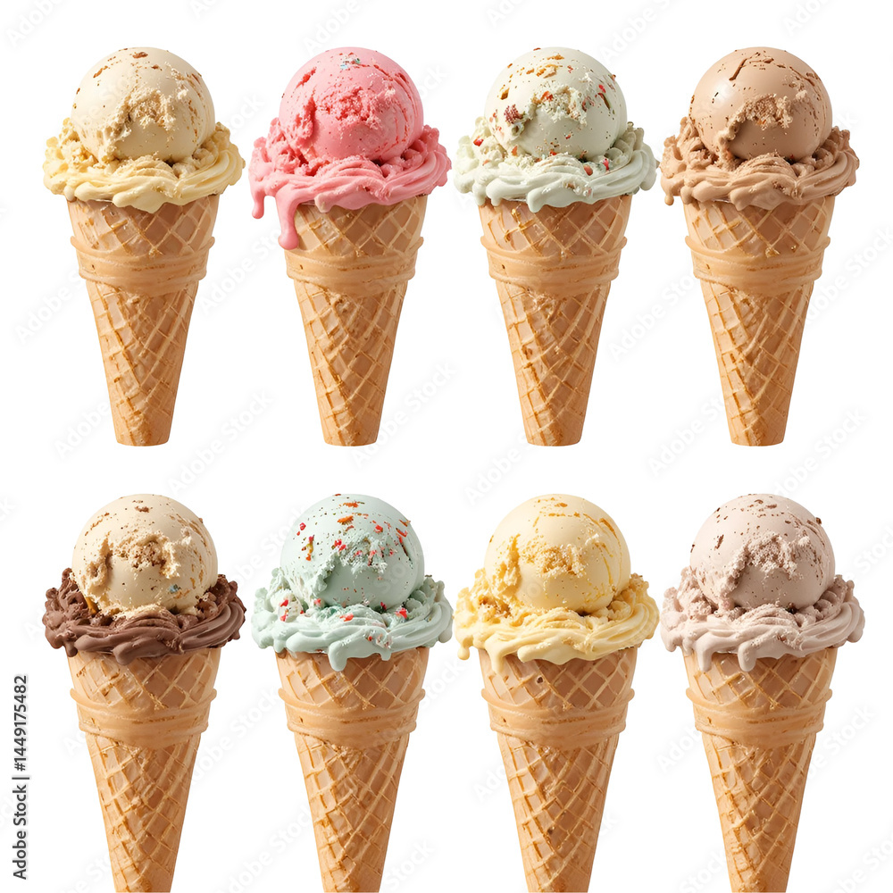 set of different sorts of ice cream scoop on waffle cone isolated on transparent png set of different sorts of ice cream scoop on waffle cone isolated on transparent png