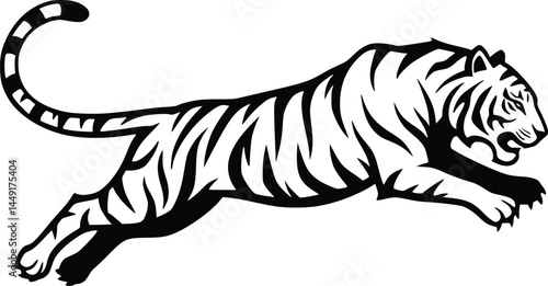 Black and white silhouette of a tiger in mid-leap isolated vector illustration 