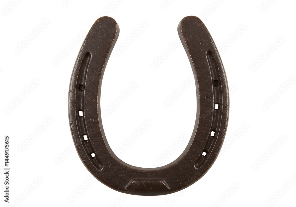 A close up shot of a dark brown horseshoe with nail holes on a plain white background in studio lighting A close up shot of a dark brown horseshoe with nail holes on a plain white background in studio lighting