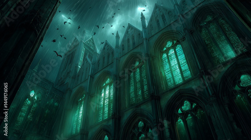 abandoned gothic cathedral in a thunderstorm, broken stained glass windows, crows flying