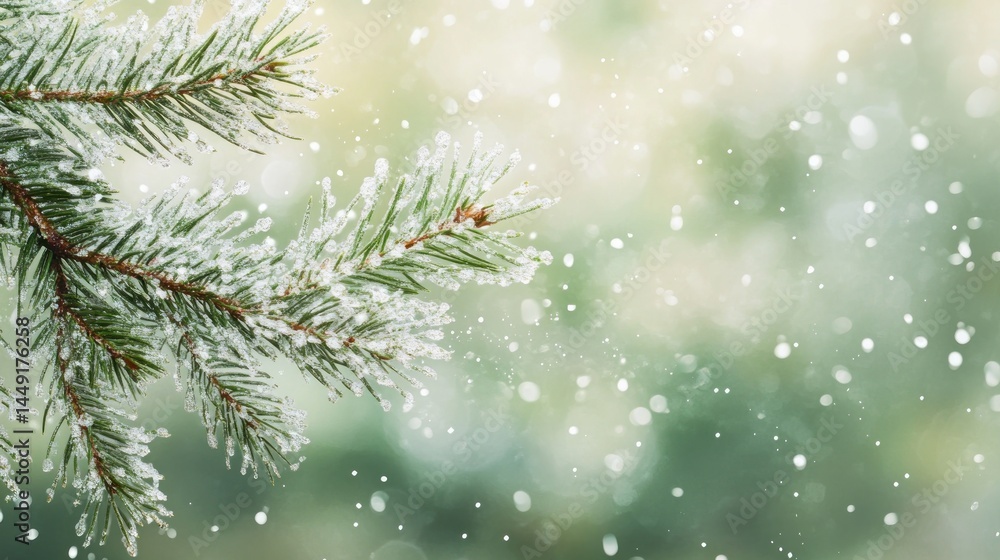 Frosted pine branch in winter snowfall Frosted pine branch in winter snowfall