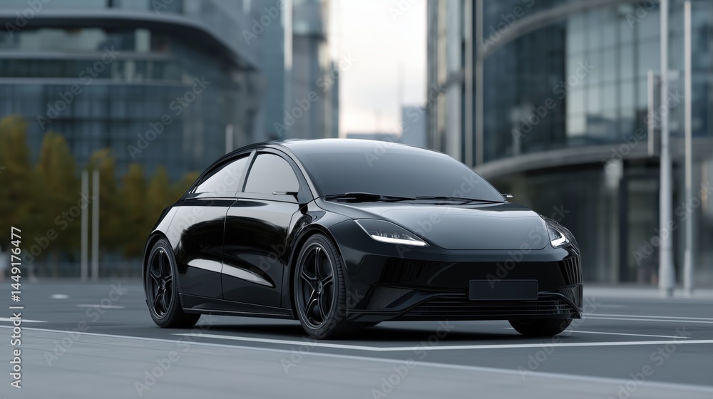 gray Electric car mockup in modern urban street, daylight, minimal traffic, futuristic city in the background gray Electric car mockup in modern urban street, daylight, minimal traffic, futuristic city in the background