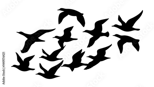 Flock of birds flying silhouette vector illustration migration pattern black and white graphic design element