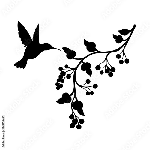 Hummingbird silhouette with berries and branch vector graphic design for nature lovers and bird watchers art print