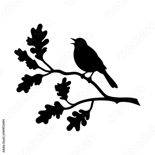 Silhouette of a bird singing on an oak branch vector illustration nature wildlife art design template 100