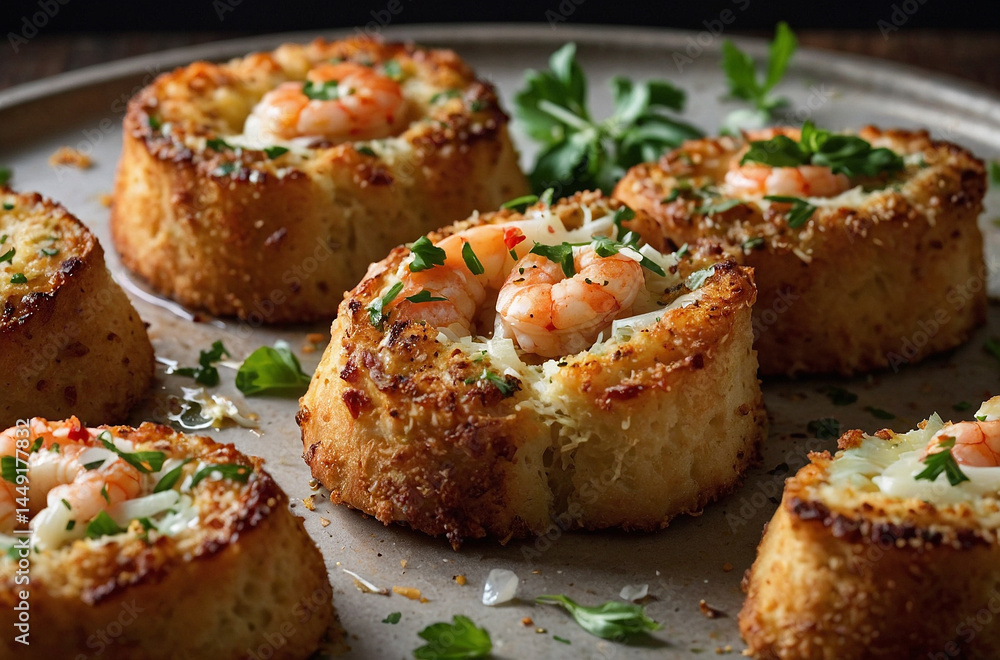 Delicious shrimp toast cups, golden brown and topped with melted cheese and fresh parsley. Delicious shrimp toast cups, golden brown and topped with melted cheese and fresh parsley.