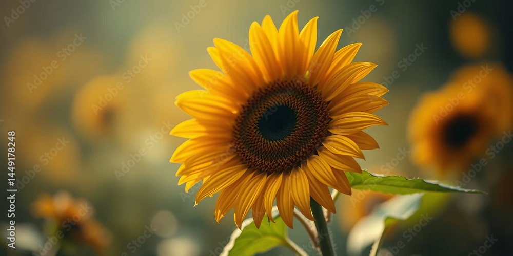 Fototapeta premium a close-up of a sunflower in the foreground. The sunflower is prominently positioned on the right side of the image, displaying bright yellow petals radiating from a dark brown center
