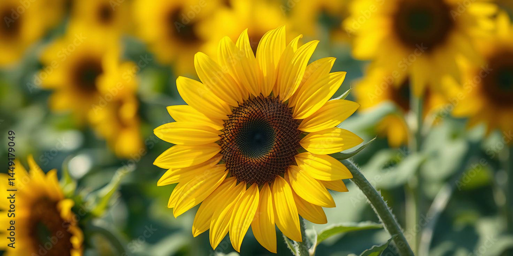 Obraz premium a close-up of a sunflower in the foreground. The sunflower is prominently positioned on the right side of the image, displaying bright yellow petals radiating from a dark brown center