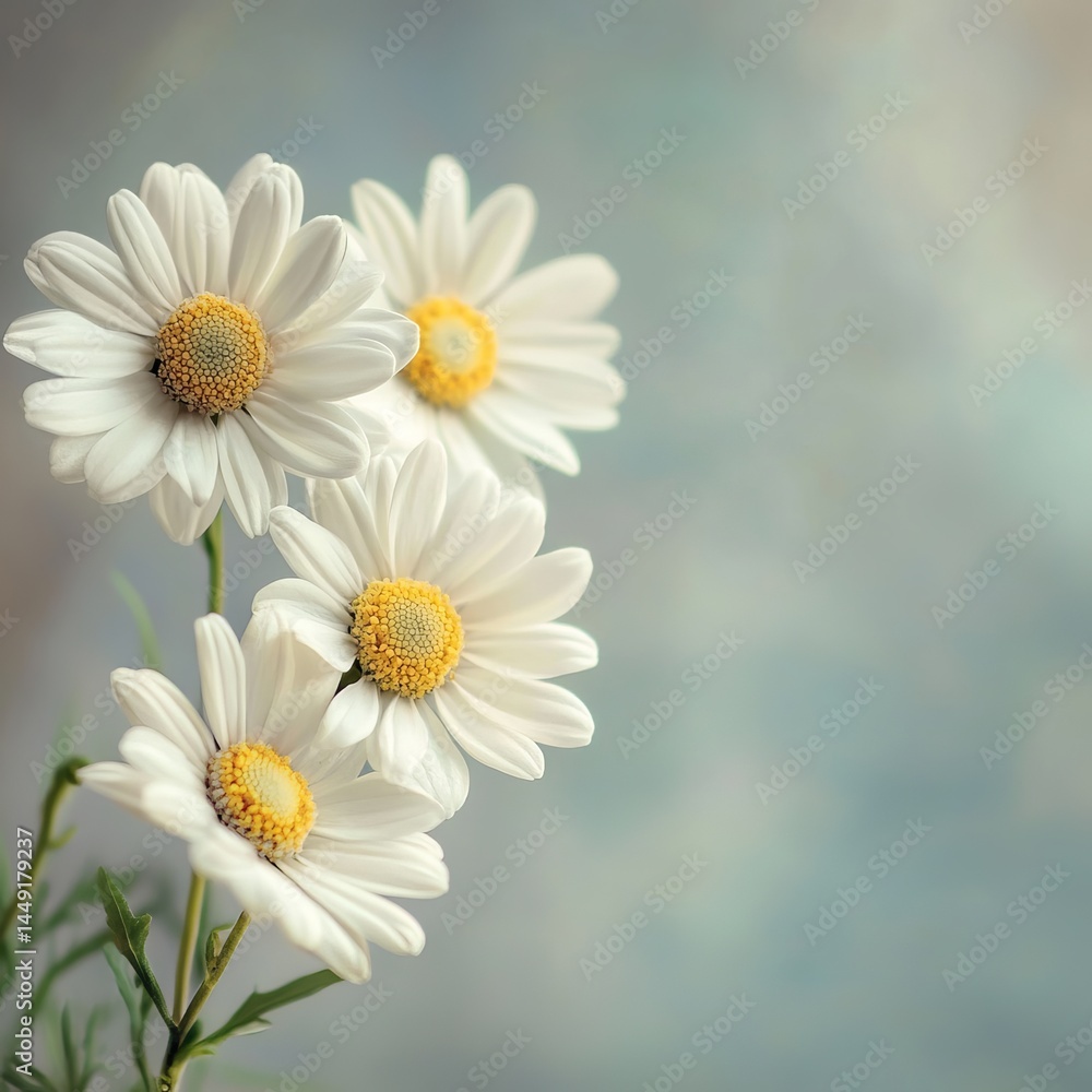 Obraz premium Beautiful Cluster of Three White Daisies with Bright Yellow Centers Showcasing Nature's Vibrant Colors