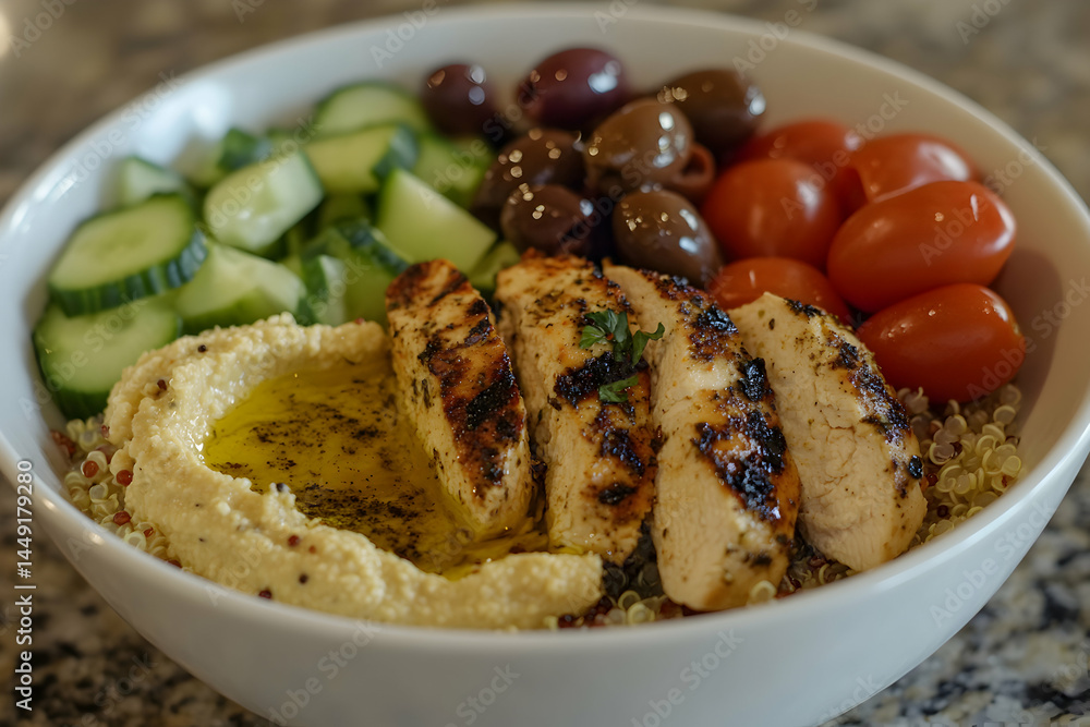 Fototapeta premium Grilled Chicken Meets Quinoa, Hummus, and Fresh Veggies in a Bowl
