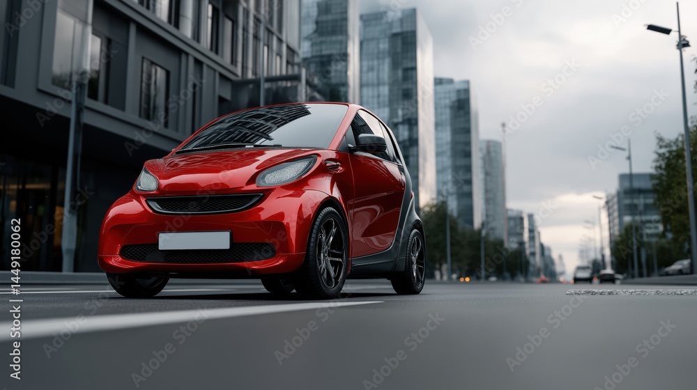 Obraz premium red Electric car mockup in modern urban street, daylight, minimal traffic, futuristic city in the background