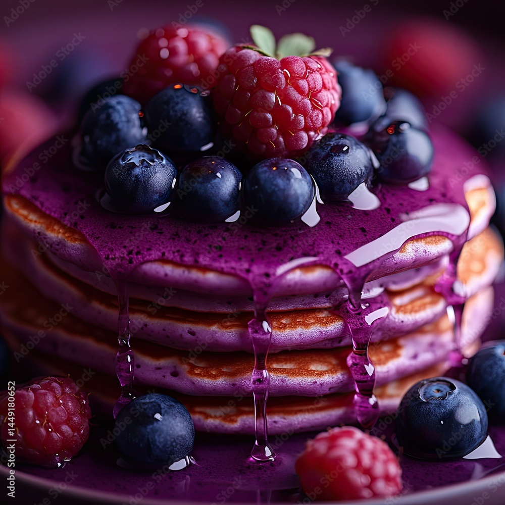 Fototapeta premium Purple Pancakes with Berries, and Syrup.