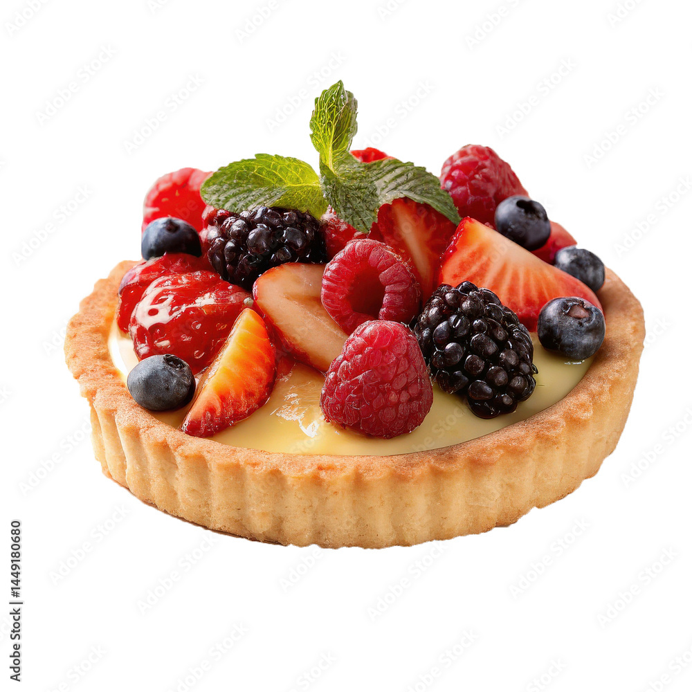 Delicious fruit tart with custard filling is topped with fresh berries, including strawberries, raspberries, blackberries, and blueberries, garnished with mint leaf Delicious fruit tart with custard filling is topped with fresh berries, including strawberries, raspberries, blackberries, and blueberries, garnished with mint leaf