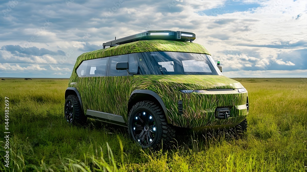 Fototapeta premium Grassland Camo SUV: Electric Off-Road Vehicle - Sustainability
