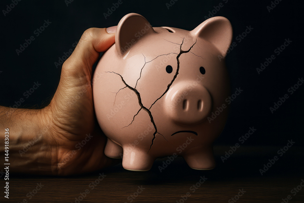 Cracked Piggy Bank Symbolizing Financial Struggles and Economic Challenges in Savings