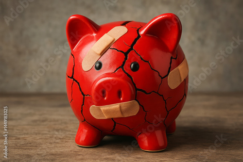 Cracked Piggy Bank with Band-Aids Symbolizing Financial Challenges and Savings Emphasis